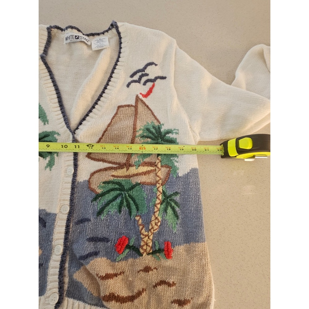 White Stag Vintage Tropical Sailboat Cardigan Sweater Cream Medium Shoulder Pads - Picture 5 of 6